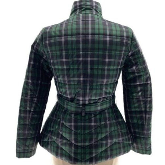 J. Crew Puffer Jacket Tartan Blue Green Plaid Belted - Picture 4 of 6